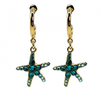 Ekaterini earrings starfish, turquoise Swarovski crystals brown cord and with gold accents